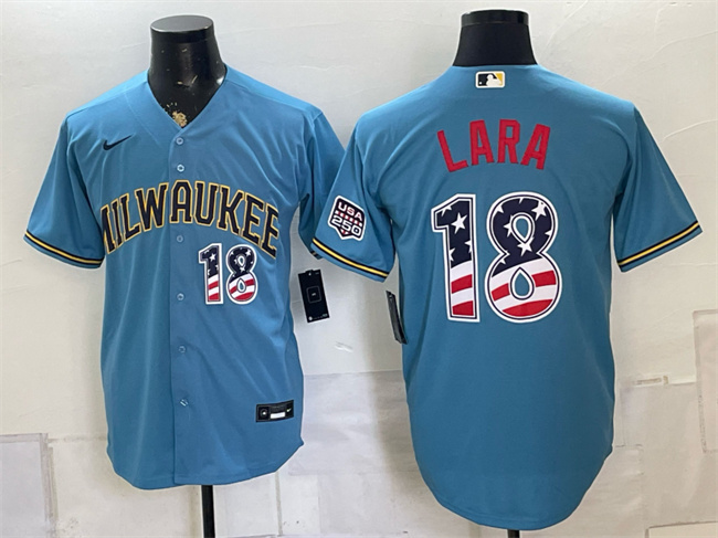 Men's Milwaukee Brewers #18 Luis Lara Blue 2026 USA 250 Fourth of July Home Stadium Stitched Baseball Jersey