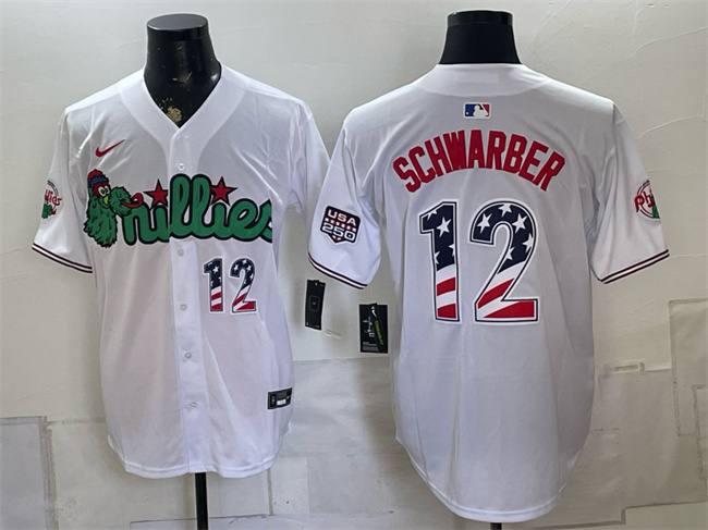 Men's Philadelphia Phillies #12 Kyle Schwarber White Phanatic USA 250 Fourth of July Stitched Baseball Jersey