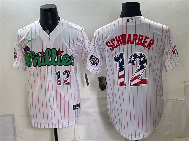 Men's Philadelphia Phillies #12 Kyle Schwarber White Phanatic USA 250 Fourth of July Stitched Baseball Jersey (1)