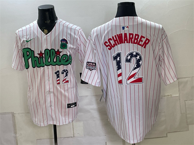 Men's Philadelphia Phillies #12 Kyle Schwarber White Phanatic USA 250 Fourth of July Stitched Baseball Jerseys