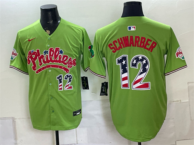 Men's Philadelphia Phillies #12 Kyle Schwarber Green Phanatic USA 250 Fourth of July Stitched Baseball Jersey