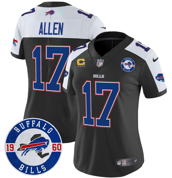 Women's Buffalo Bills #17 Josh Allen With 4-Star C Patch & Est. 1960 Patch Vapor Limited Stitched Football Jersey(Run Small)