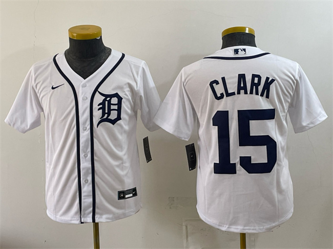 Youth Detroit Tigers #15 Max Clark White Cool Base Stitched Baseball Jersey