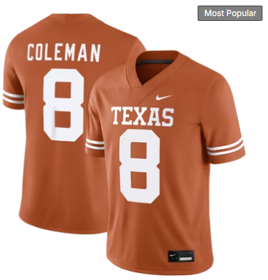 #8 Cam Coleman Texas Longhorns Nike Game Football Jersey - Texas Orange