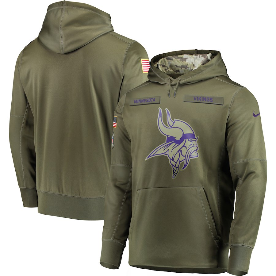 Men's Minnesota Vikings Olive Salute to Service Sideline Therma Performance Pullover Stitched NFL Hoodie