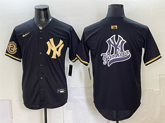 Men's New York Yankees Team Big Logo Black Gold With Patch Stitched Baseball Jersey