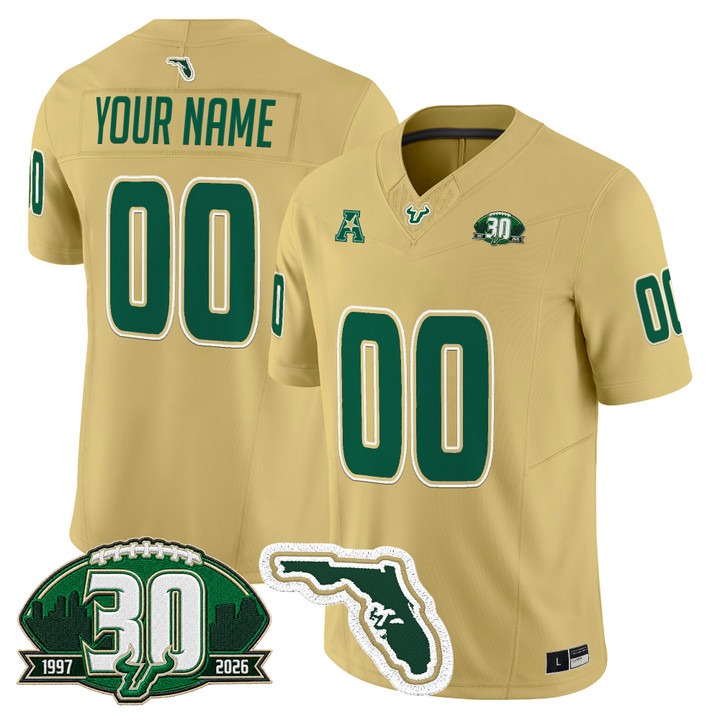 South Florida Bulls 30th Anniversary Patch Vapor Limited Custom Jersey Gold - All Stitched