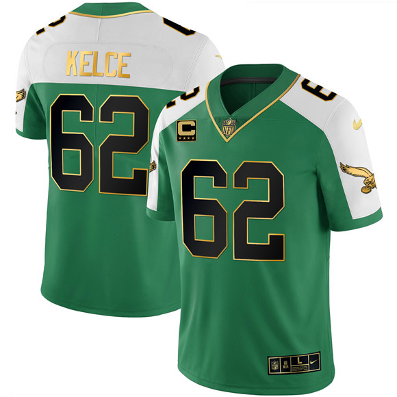 Men's Philadelphia Eagles #62 Jason Kelce Kelly Green Alternate Gold With 4-Star C Patch Stitched Football Jersey