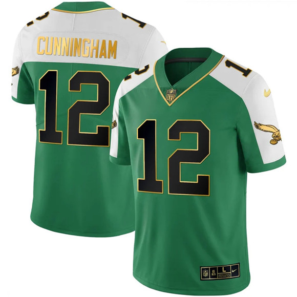 Men's Philadelphia Eagles #12 Randall Cunningham Kelly Green Alternate Gold Stitched Football Jersey