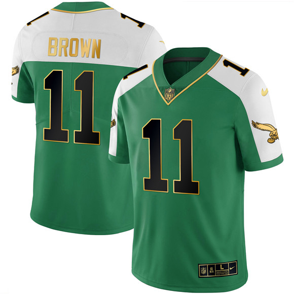 Men's Philadelphia Eagles #11 A.J. Brown Kelly Green Alternate Gold Stitched Football Jersey