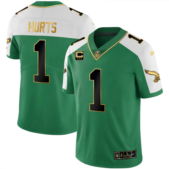 Men's Philadelphia Eagles #1 Jalen Hurts Kelly Green Alternate Gold With 3-Star C Patch Stitched Football Jersey