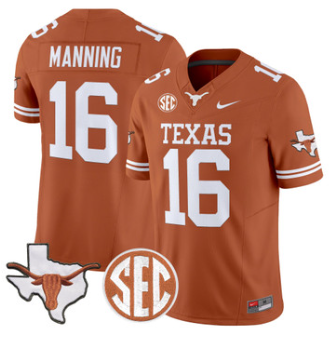 Texas Longhorns #16 Arch Manning Orange 2026 State Map & SEC Patch Vapor Limited Jersey - All Stitched