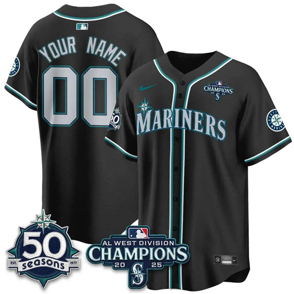 Men's Seattle Mariners Custom Black 2025 champions And 50 Seasons Patch Stitched Baseball Jersey
