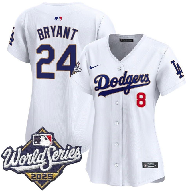 Women's Los Angeles Dodgers Front #8 Back #24 Kobe Bryant White 2025 World Series Home Limited Stitched Baseball Jersey(Run Small)