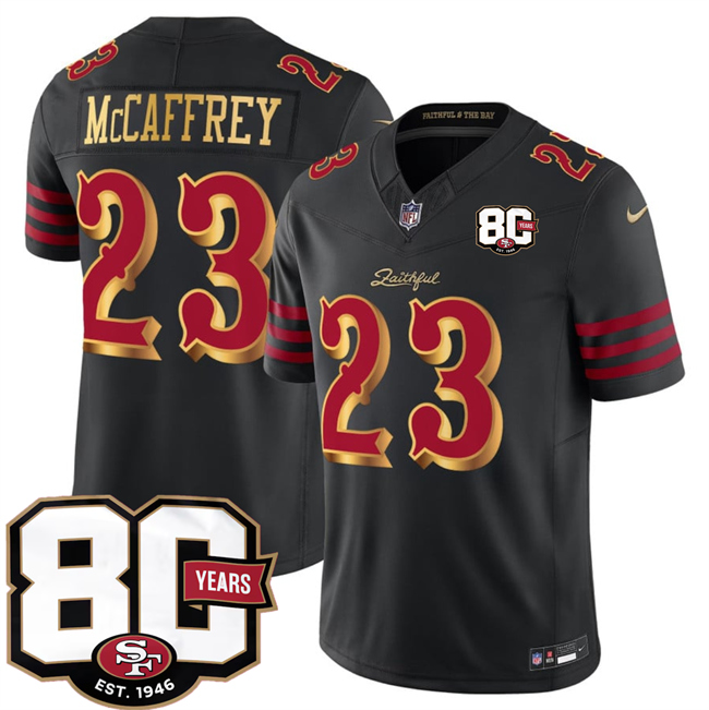 Men's San Francisco 49ers #23 Christian McCaffrey Black 80th Anniversary Patch “Rivalries” 2026 F.U.S.E. Vapor Untouchabl Limited Stitched Football Jersey