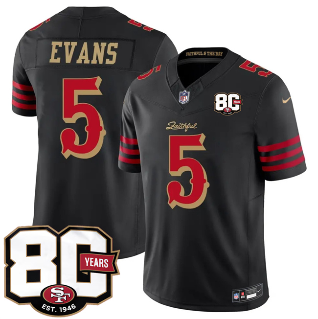Men's San Francisco 49ers #5 Mike Evans Black 80th Anniversary Patch “Rivalries” 2026 F.U.S.E. Vapor Untouchabl Limited Stitched Football Jersey