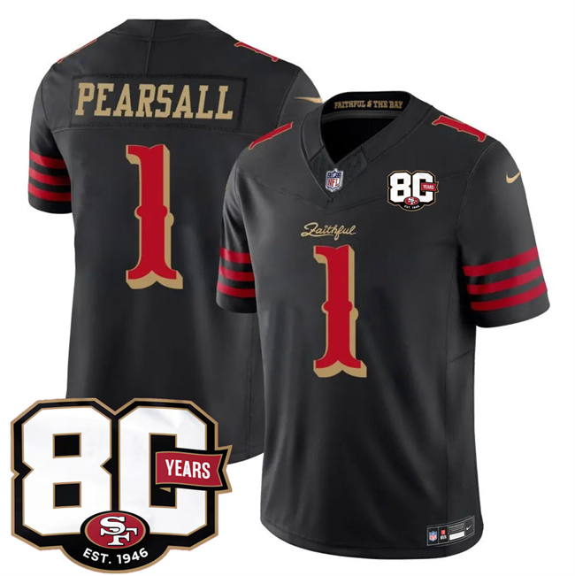 Men's San Francisco 49ers #1 Ricky Pearsall Black 80th Anniversary Patch “Rivalries” 2026 F.U.S.E. Vapor Untouchabl Limited Stitched Football Jersey
