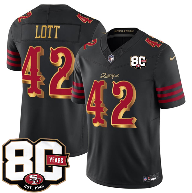 Men's San Francisco 49ers #42 Ronnie Lott Black 80th Anniversary Patch “Rivalries” 2026 F.U.S.E. Vapor Untouchabl Limited Stitched Football Jersey