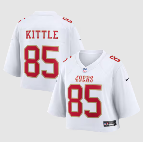 Women's San Francisco 49ers #85 George Kittle White Cropped Fashion Game Screen-printed Jersey