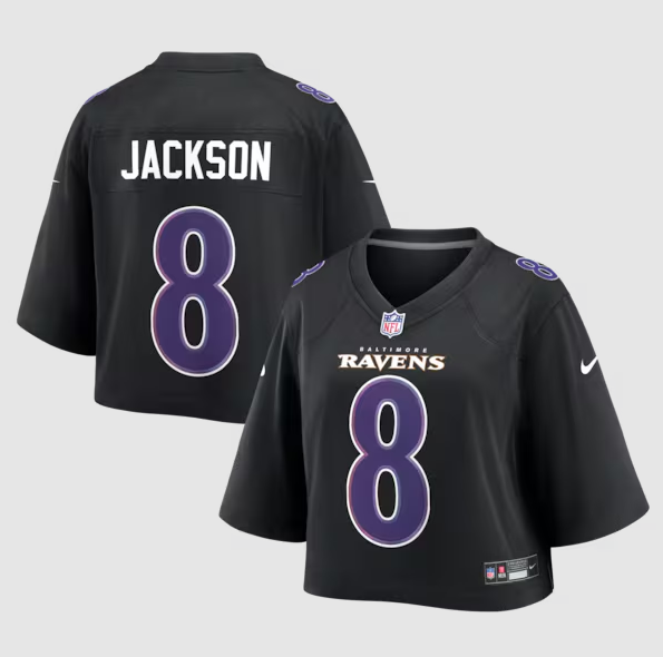 Women's Baltimore Ravens #8 Lamar Jackson Black Cropped Fashion Game Screen-printed Jersey