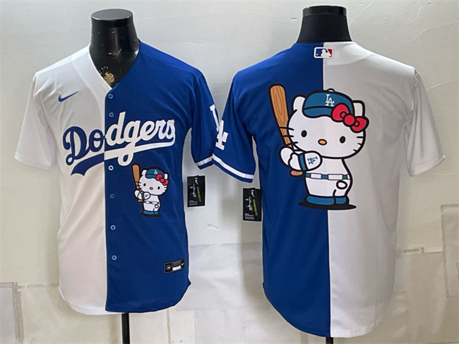 Men's Los Angeles Dodgers Team Big Logo White Royal Split Stitched Baseball Jersey