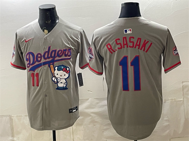 Men's Los Angeles Dodgers #11 Roki Sasaki Grey Hello Kitty Night 2025 World Series Champions Patch Stitched Baseball Jersey