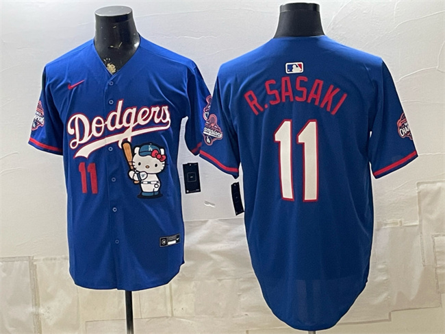 Men's Los Angeles Dodgers #11 Roki Sasaki Royal Hello Kitty Night 2025 World Series Champions Patch Stitched Baseball Jersey