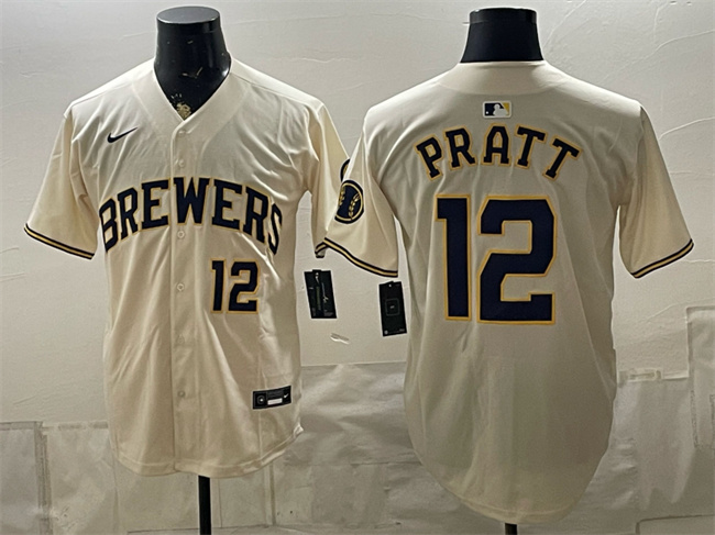 Men's Milwaukee Brewers #12 Cooper Pratt Cream Stitched Baseball Jersey
