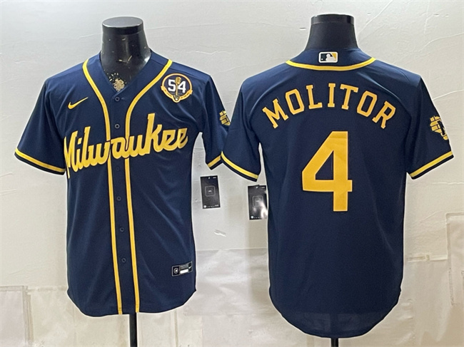 Men's Milwaukee Brewers #4 Paul Molitor Navy With Home & Bob Uecker Patch Limited Stitched Baseball Jersey