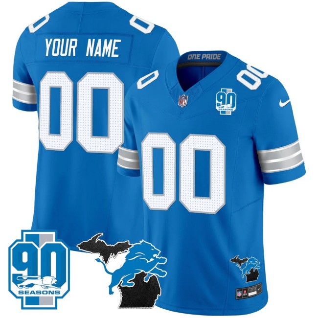 Men & Women & Youth Detroit Lions Custom Blue 2025 Michigan & 90th Year Patch F.U.S.E. Vapor Limited Stitched Jersey