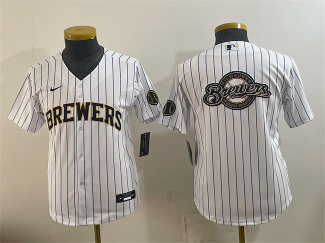 Youth Milwaukee Brewers Team Big Logo White Cool Base Stitched Jersey