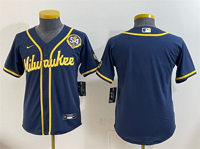 Youth Milwaukee Brewers Blank Navy With Home & Bob Uecker Patch Limited Stitched Jersey