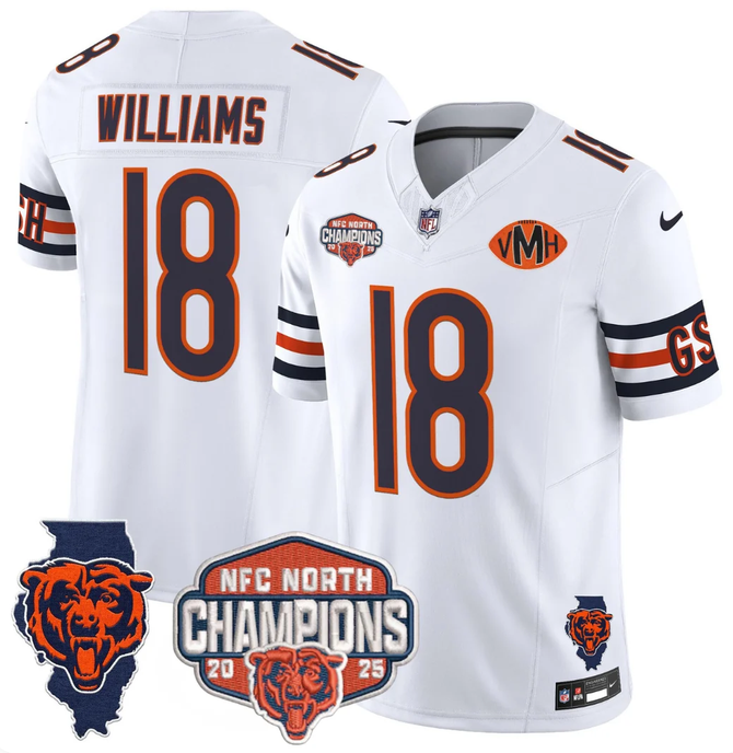 Men's Chicago Bears #18 Caleb Williams White F.U.S.E. 2025 NFC North Champions Patch Limited Stitched Football Jersey