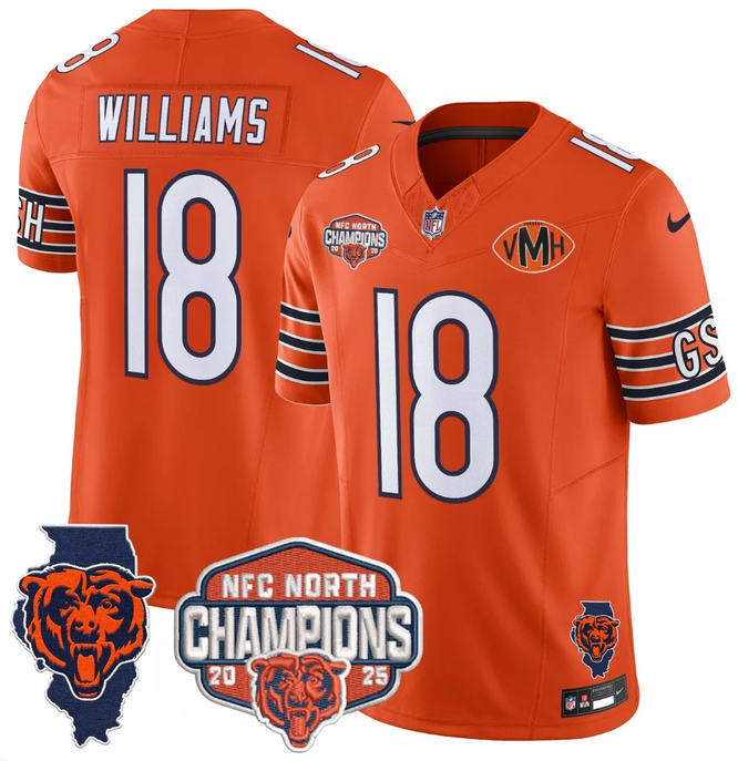 Men's Chicago Bears #18 Caleb Williams Orange F.U.S.E. 2025 NFC North Champions Patch Limited Stitched Football Jersey