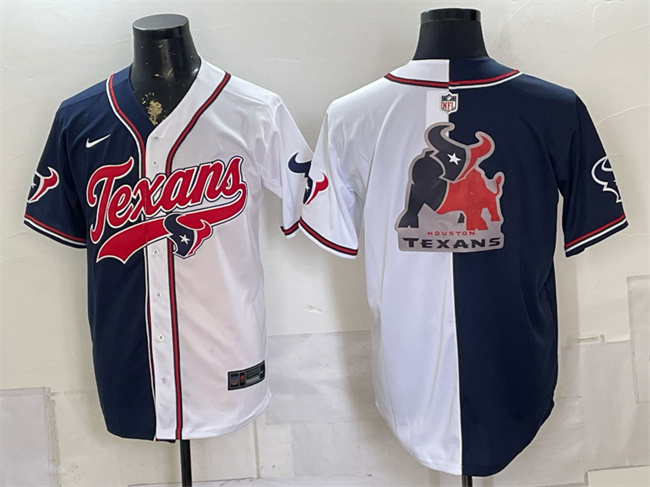 Men's Houston Texans Team Big Logo Navy White Split With Patch Cool Base Stitched Baseball Jerseys