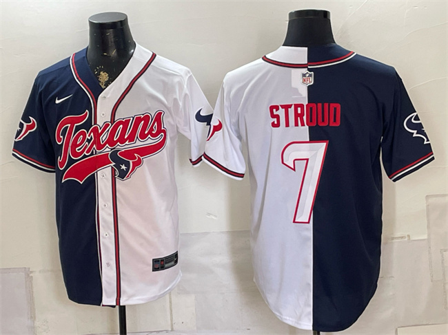 Men's Houston Texans #7 C.J. Stroud Navy White Split With Patch Cool Base Stitched Baseball Jersey