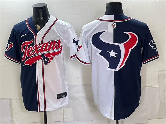 Men's Houston Texans Team Big Logo Navy White Split With Patch Cool Base Stitched Baseball Jersey