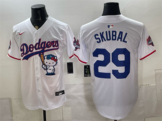 Men's Los Angeles Dodgers #29 Tarik Skubal White Hello Kitty Night 2025 World Series Champions Patch Stitched Baseball Jersey