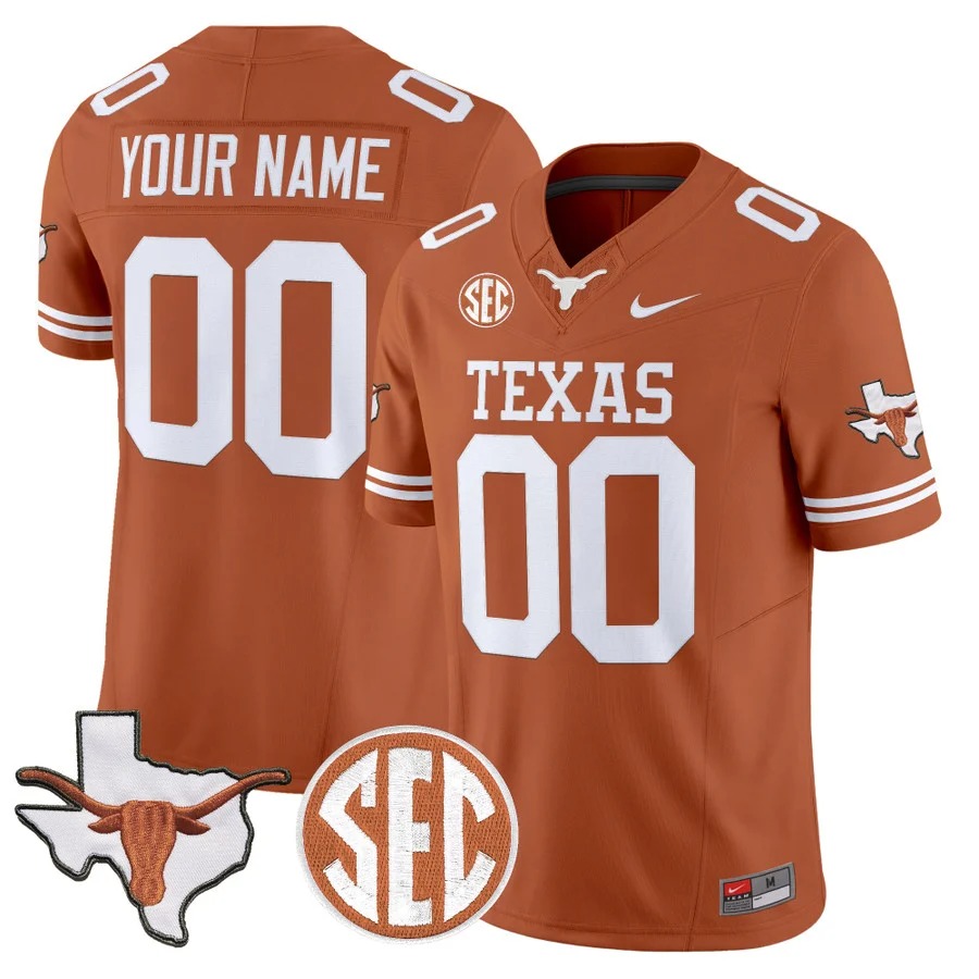 Texas Longhorns 2026 State Map & SEC Patch Vapor Limited Custom Jersey Texas Orange - All Stitched