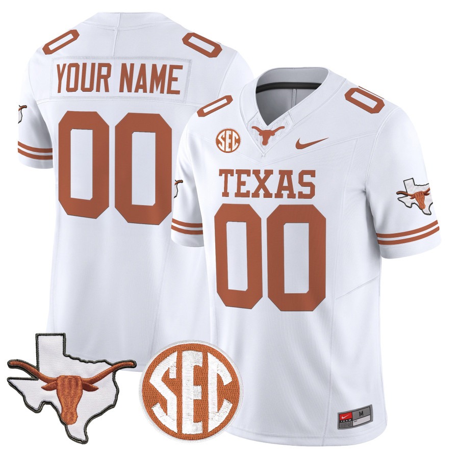 Texas Longhorns 2026 State Map & SEC Patch Vapor Limited Custom Jersey White - All Stitched