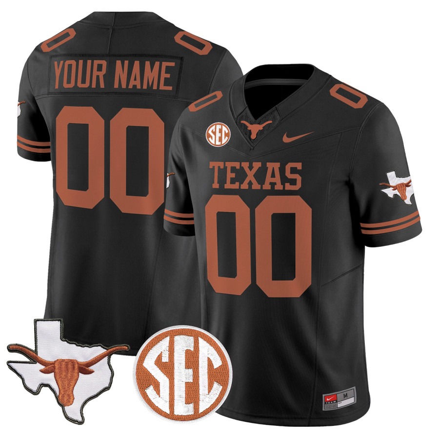 Texas Longhorns 2026 State Map & SEC Patch Vapor Limited Custom Jersey Black - All Stitched