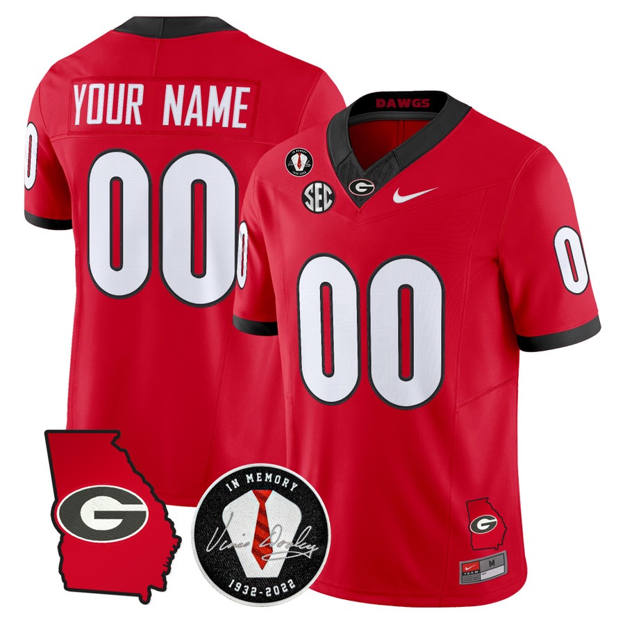 Georgia Bulldogs 2026 Georgia Map & Vince Dooley Patch Vapor Limited Custom Jersey Red - All Stitched