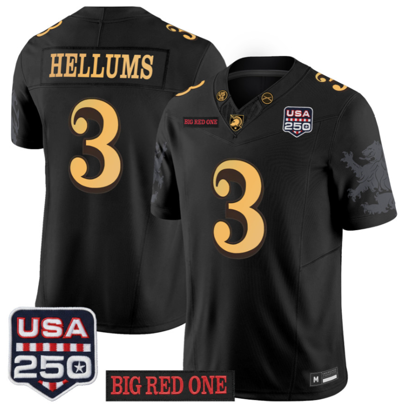 Army Black Knights #3 Cale Hellums Big Red One & USA 250 Patch Vapor Jersey - Stitched Numbers Patches - Black Lion Graphic Sleeves