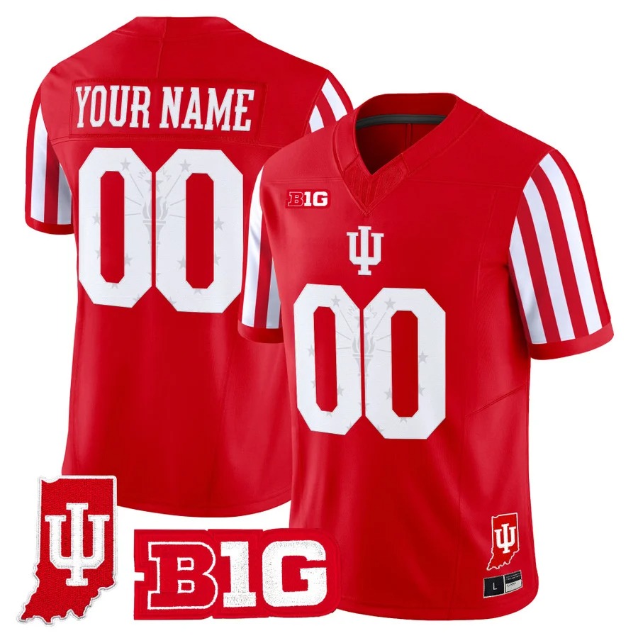 Indiana Hoosiers Candy Stripe Vapor Football Custom Jersey Red - Indiana State Patch - All Stitched