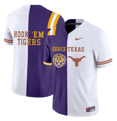 Texas Longhorns & LSU Tigers Split Football Jersey - All Stitched