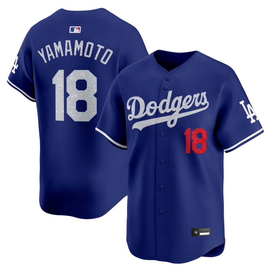 Los Angeles Dodgers #18 Yamamoto Glitter Vapor Premier Limited Jersey Royal - All Stitched