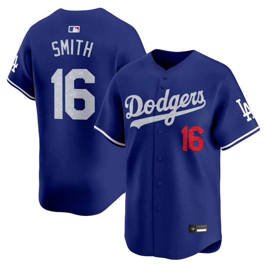 Los Angeles Dodgers #16 Will Smith Glitter Vapor Premier Limited Jersey Royal - All Stitched