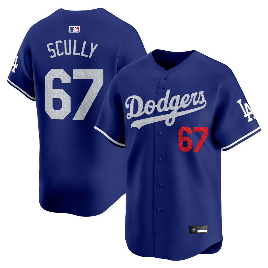 Los Angeles Dodgers #67 Vin Scully Glitter Vapor Premier Limited Jersey Royal - All Stitched