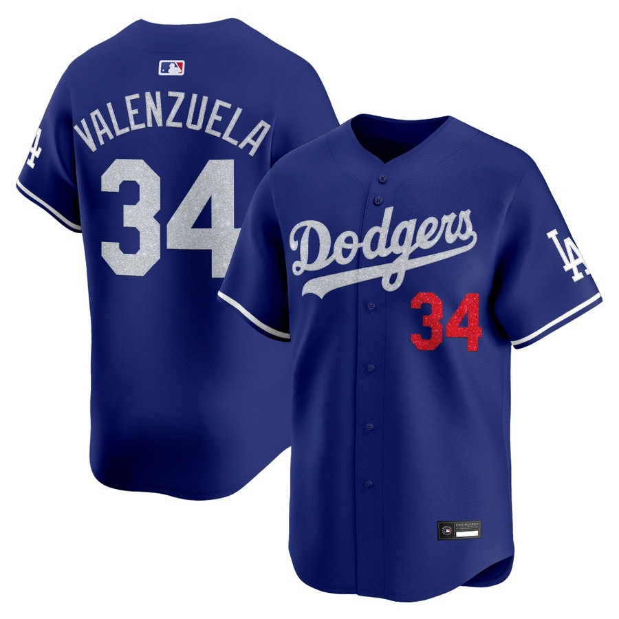 Los Angeles Dodgers #34 Fernando Valenzuela Glitter Vapor Premier Limited Jersey Royal - All Stitched