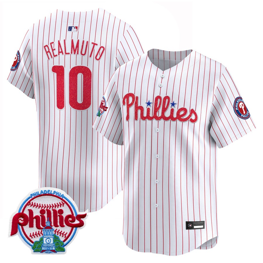 Philadelphia Phillies #10 J.T. Realmuto Glitter Vapor Premier Limited Jersey White - All Stitched